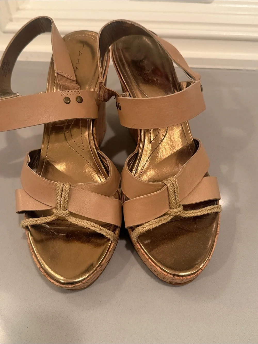 Tahari Tan Cork Wedge Sandals with Rope Accent Size 7.5